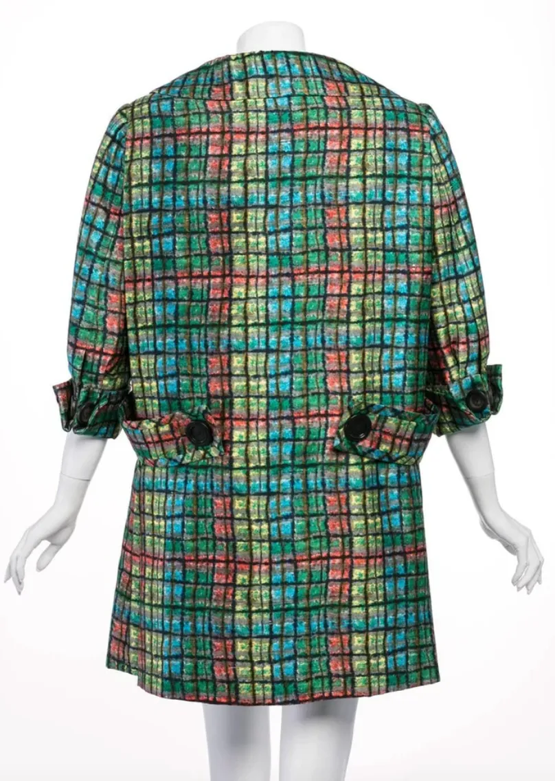 Galanos Couture Emerald Colorful Print Side Pleat Coat, 1970S | S/M