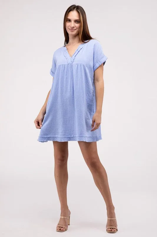 Gauze Rolled Short Sleeve Raw Edge V-Neck Dress