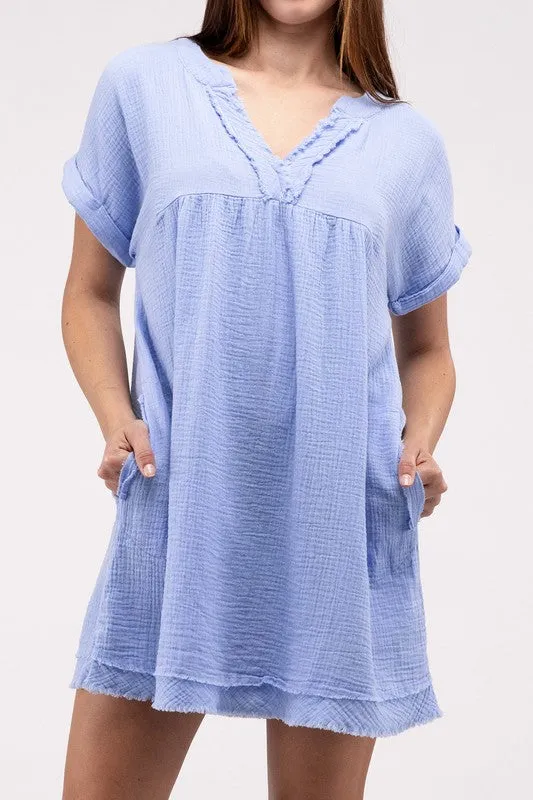 Gauze Rolled Short Sleeve Raw Edge V-Neck Dress