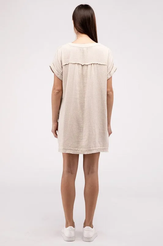 Gauze Rolled Short Sleeve Raw Edge V-Neck Dress