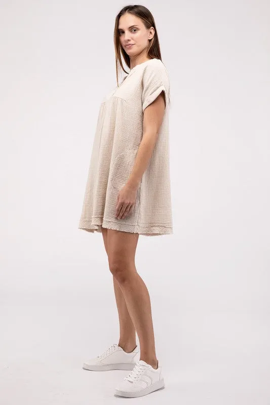 Gauze Rolled Short Sleeve Raw Edge V-Neck Dress