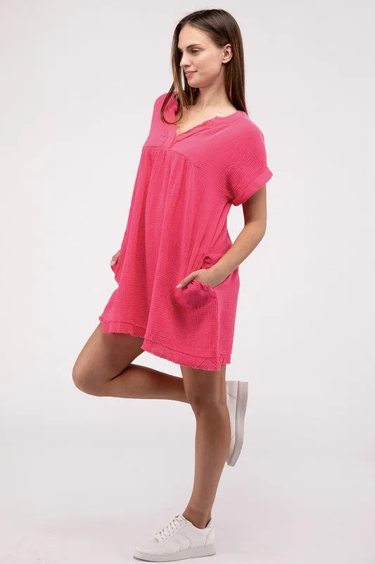 Gauze Rolled Short Sleeve Raw Edge V-Neck Dress