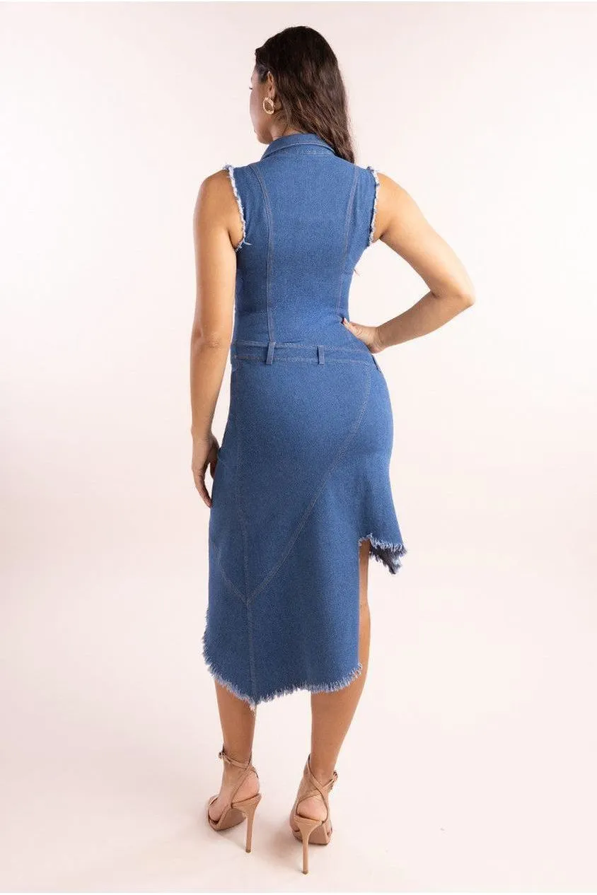 Goddiva Denim Frayed Asymmetric Sleeveless Midaxi Shirt Dress - Blue Denim