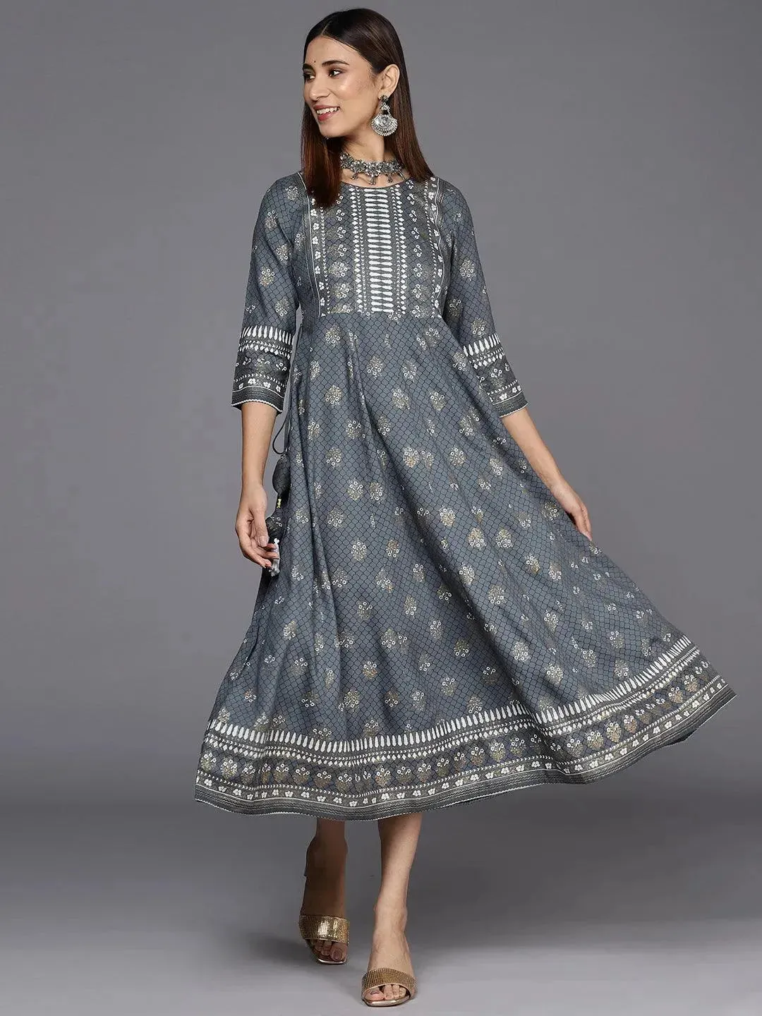 Grey Printed Rayon A-Line Dress