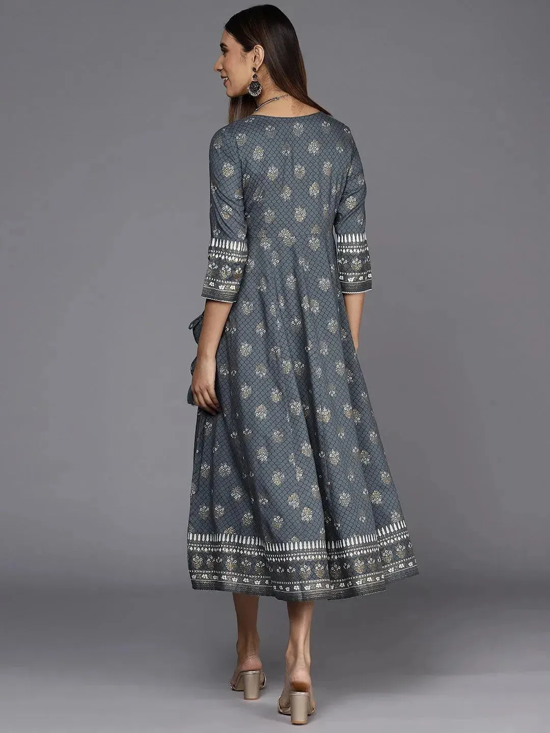 Grey Printed Rayon A-Line Dress