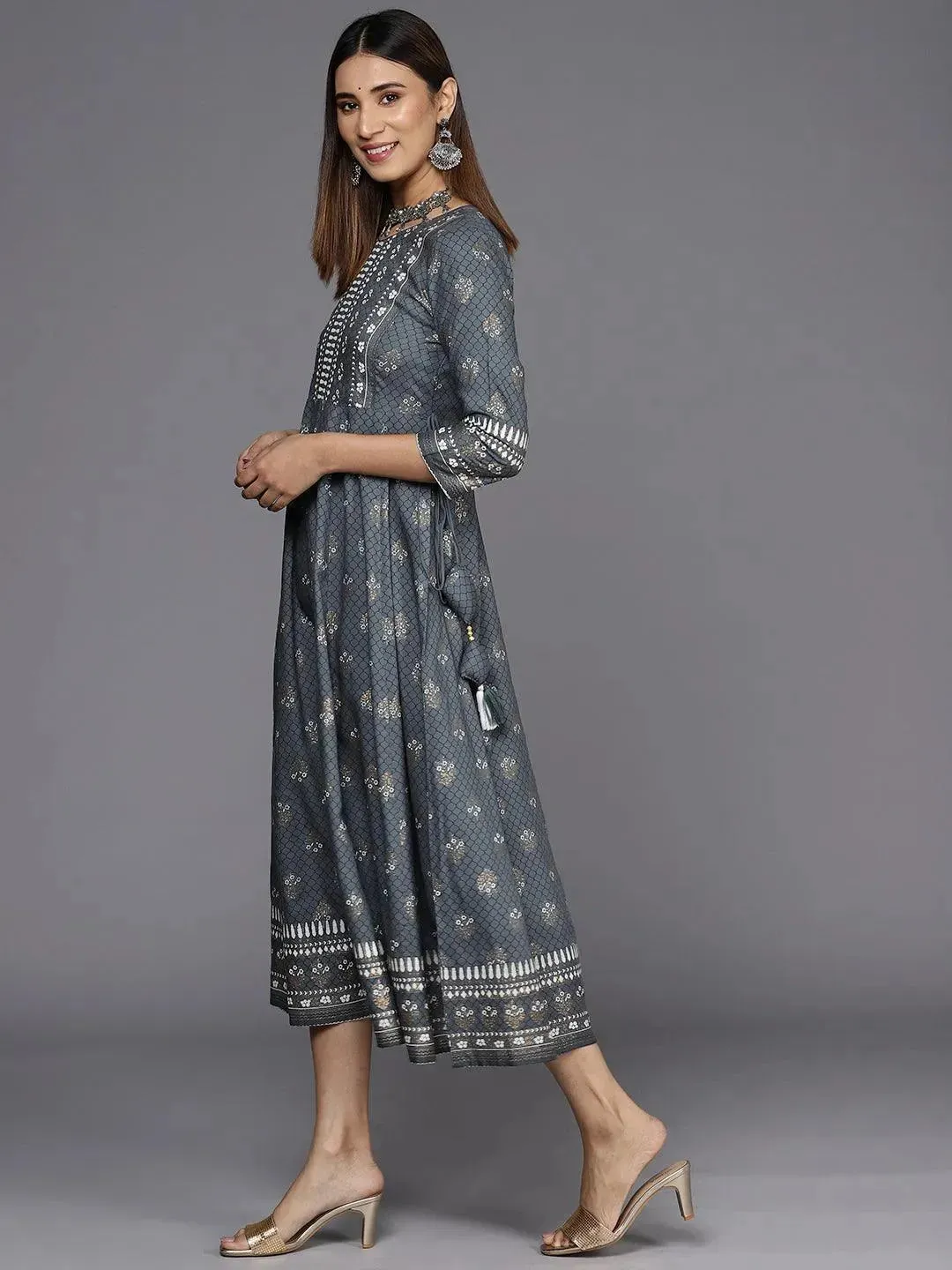 Grey Printed Rayon A-Line Dress