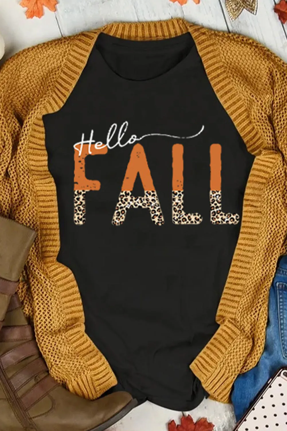 Hello Fall Leopard Fun Graphic T Shirt