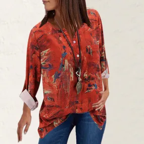 Hot Selling V-Neck Vintage Printed Loose Long Sleeved Blouse