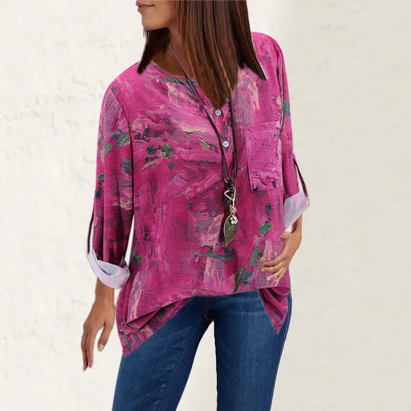 Hot Selling V-Neck Vintage Printed Loose Long Sleeved Blouse