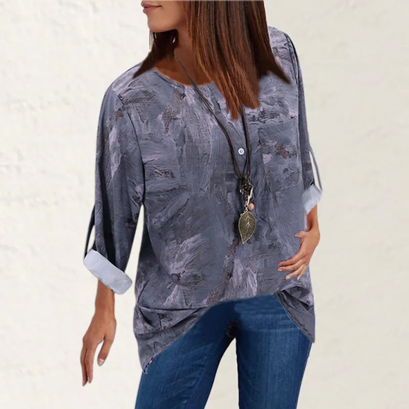 Hot Selling V-Neck Vintage Printed Loose Long Sleeved Blouse