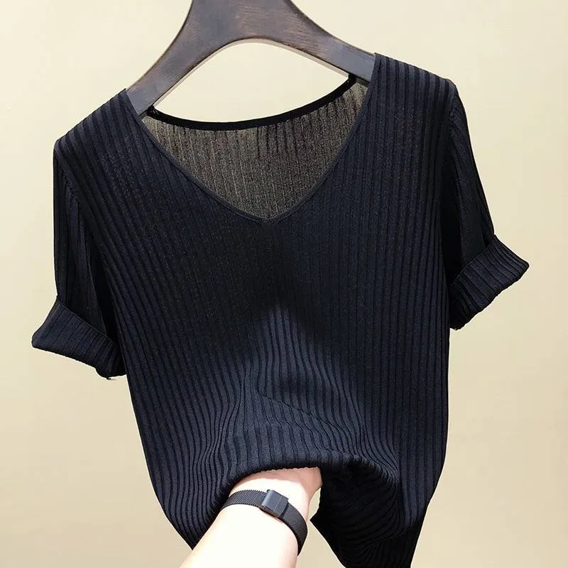 Ice Loose V-Neck T-Shirt Short Sleeve Women INS Thin Sweater