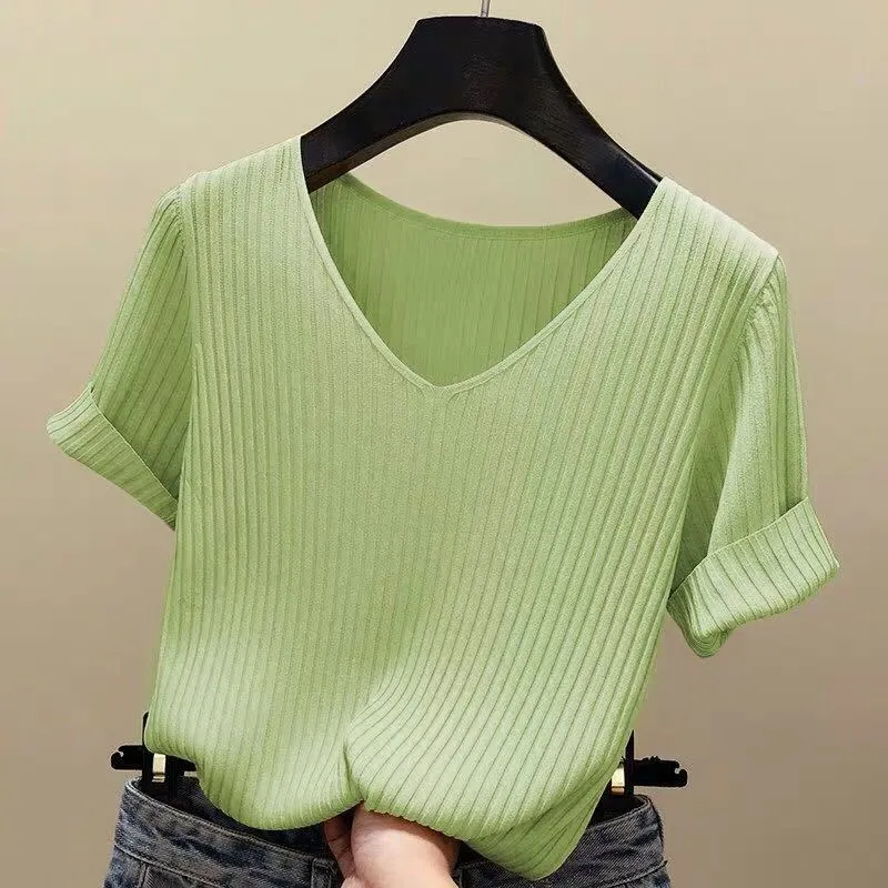 Ice Loose V-Neck T-Shirt Short Sleeve Women INS Thin Sweater