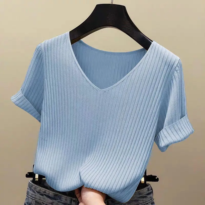 Ice Loose V-Neck T-Shirt Short Sleeve Women INS Thin Sweater