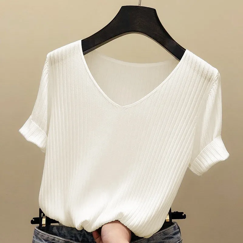 Ice Loose V-Neck T-Shirt Short Sleeve Women INS Thin Sweater