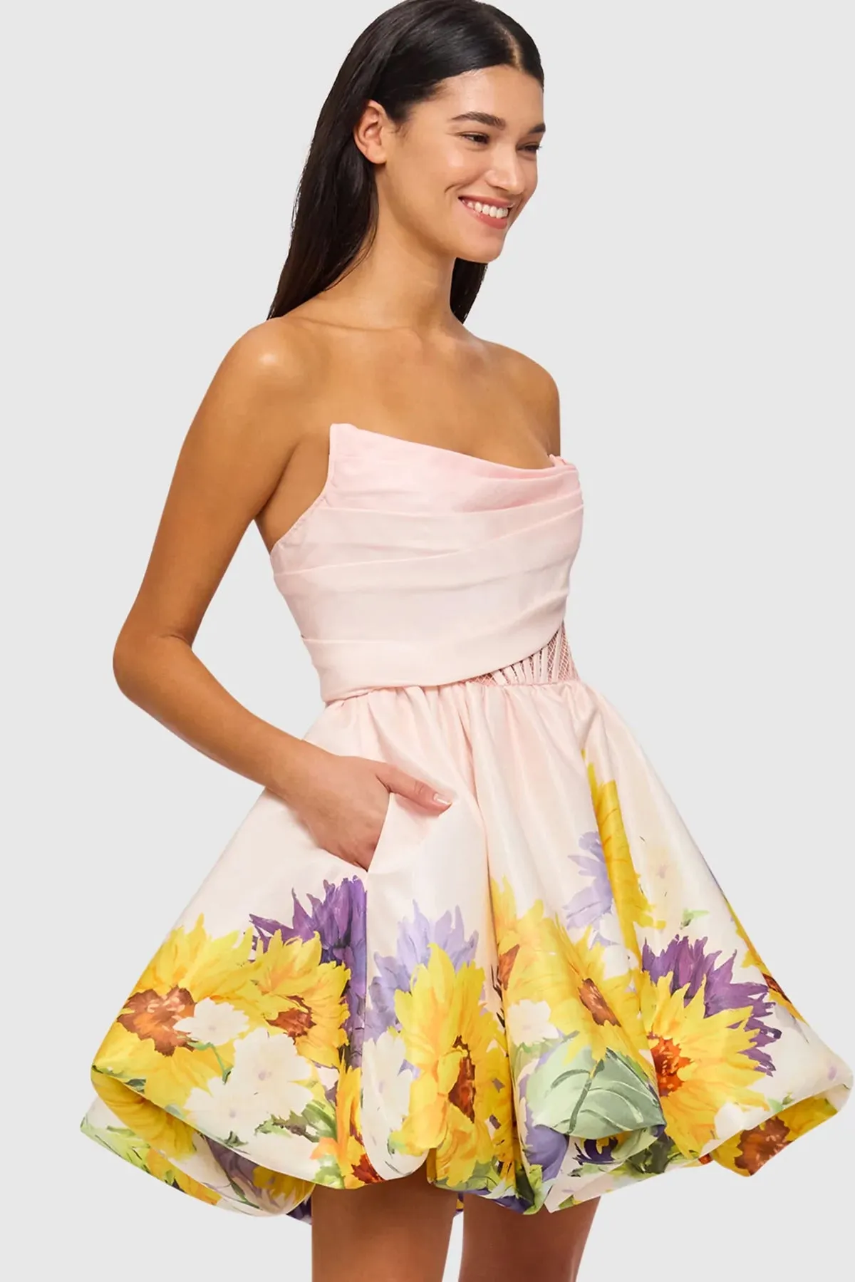 Katy Bustier Mini Dress Sunflower Print in Pink by Leo Lin