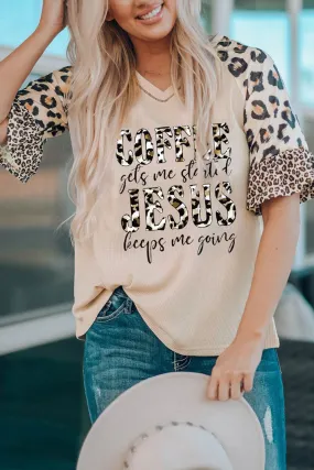 Khaki Coffee Jesus Graphic Leopard Ruffle Sleeve Top