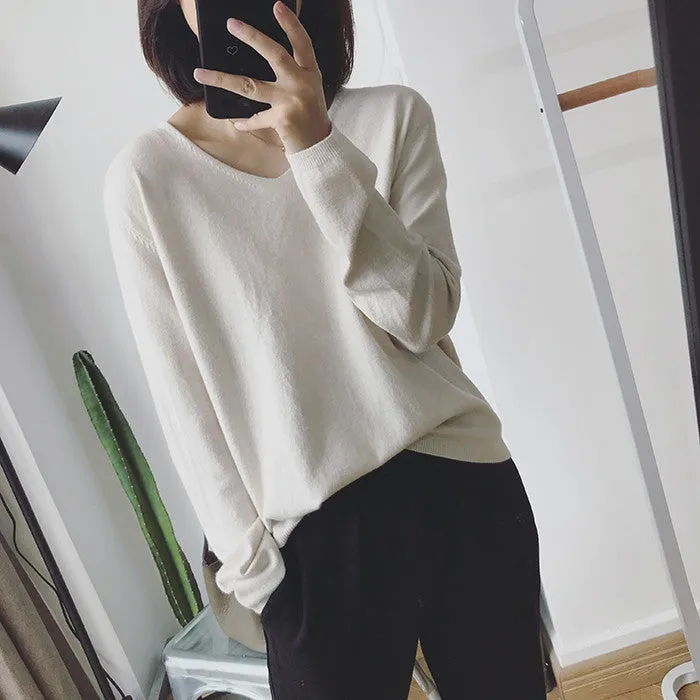 Long Sleeved Casual Korean Knitted V-Neck Loose Women Sweater