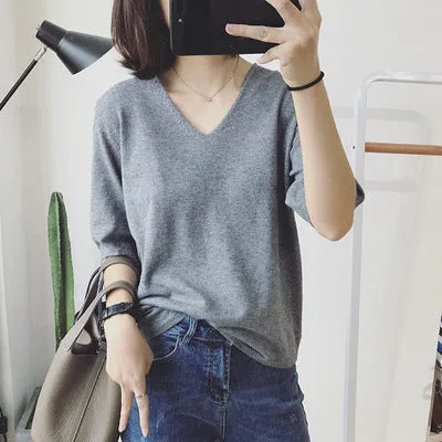 Long Sleeved Casual Korean Knitted V-Neck Loose Women Sweater