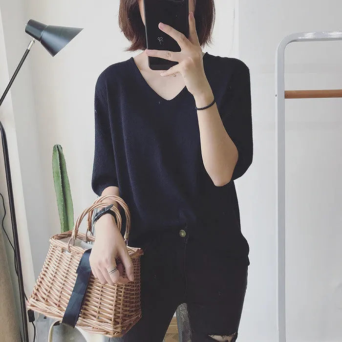 Long Sleeved Casual Korean Knitted V-Neck Loose Women Sweater