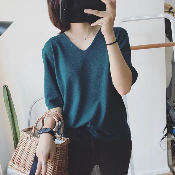 Long Sleeved Casual Korean Knitted V-Neck Loose Women Sweater