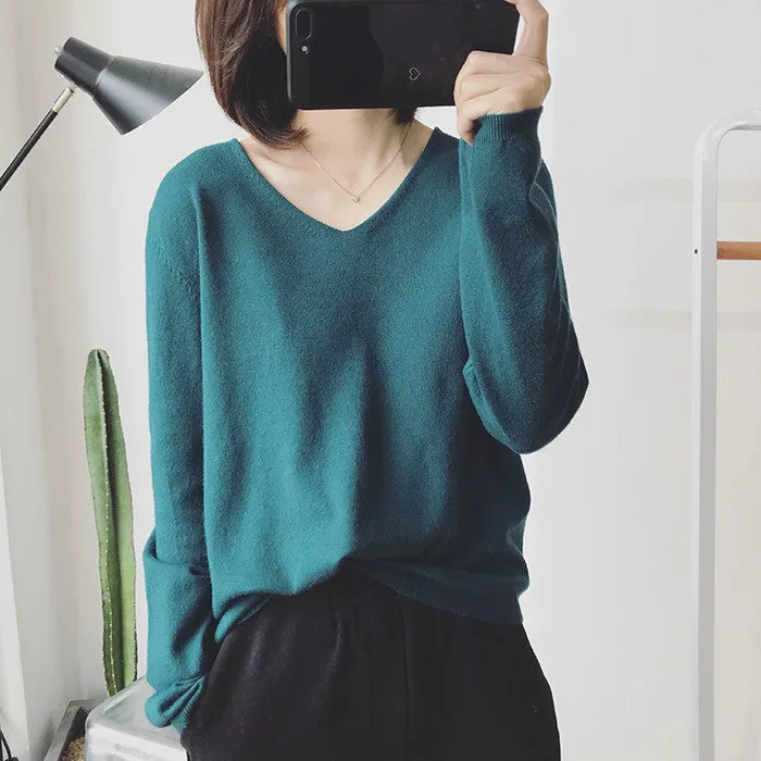 Long Sleeved Casual Korean Knitted V-Neck Loose Women Sweater