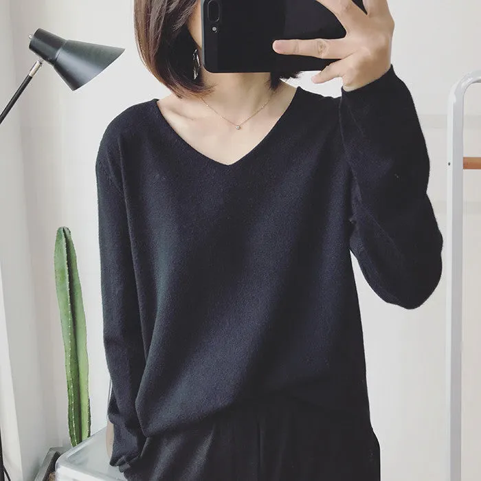 Long Sleeved Casual Korean Knitted V-Neck Loose Women Sweater