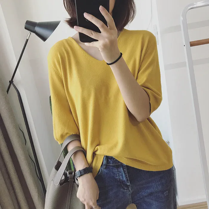 Long Sleeved Casual Korean Knitted V-Neck Loose Women Sweater