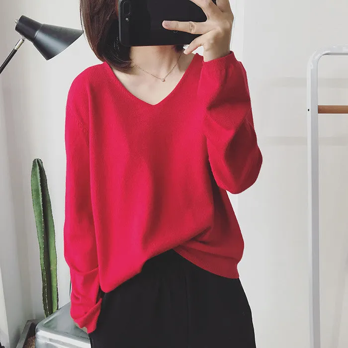 Long Sleeved Casual Korean Knitted V-Neck Loose Women Sweater