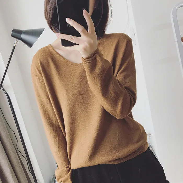 Long Sleeved Casual Korean Knitted V-Neck Loose Women Sweater