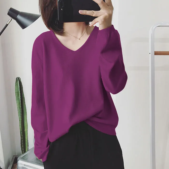 Long Sleeved Casual Korean Knitted V-Neck Loose Women Sweater