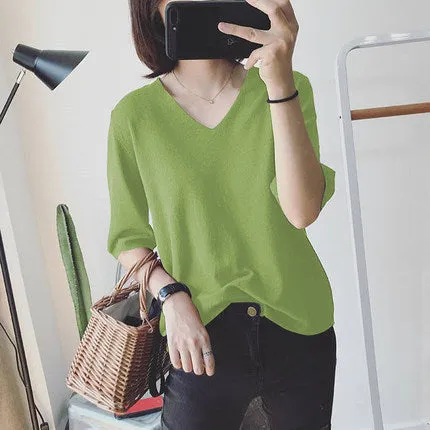 Long Sleeved Casual Korean Knitted V-Neck Loose Women Sweater