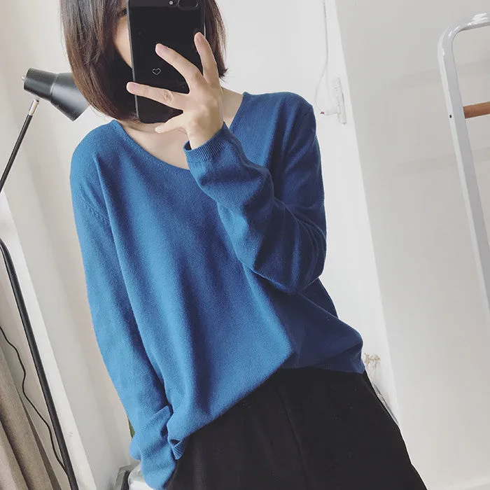 Long Sleeved Casual Korean Knitted V-Neck Loose Women Sweater