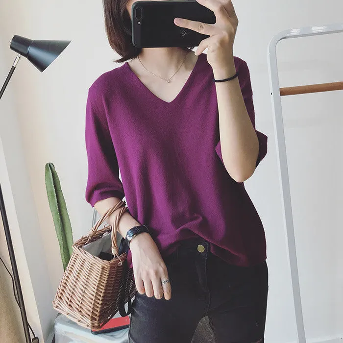 Long Sleeved Casual Korean Knitted V-Neck Loose Women Sweater