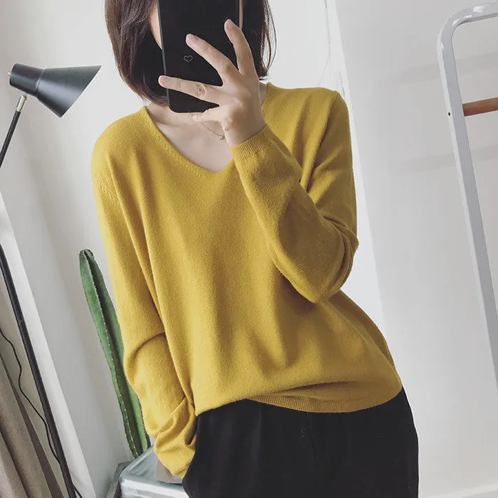 Long Sleeved Casual Korean Knitted V-Neck Loose Women Sweater