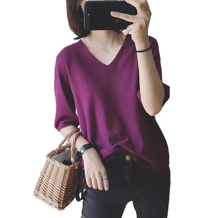 Long Sleeved Casual Korean Knitted V-Neck Loose Women Sweater