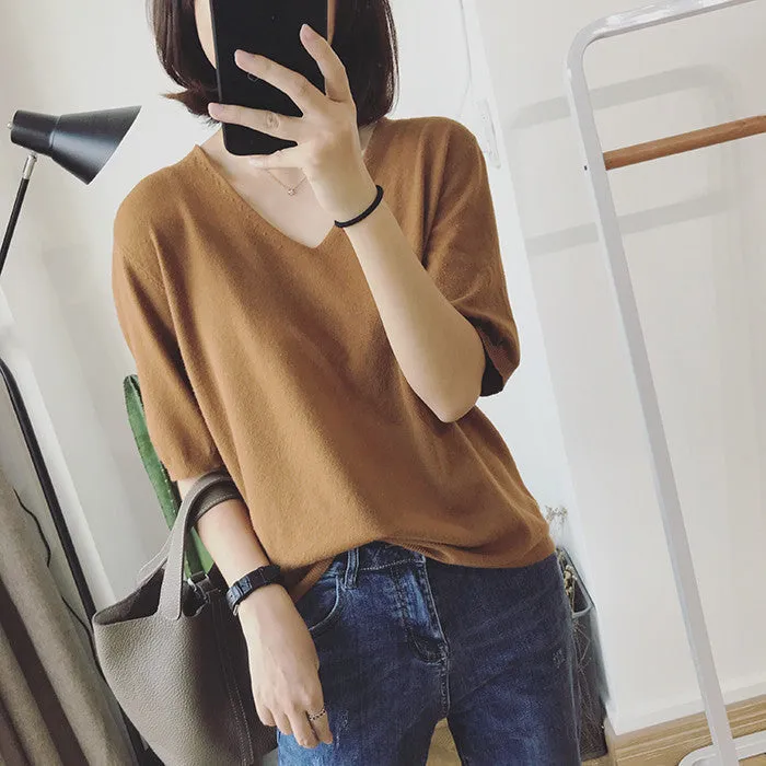 Long Sleeved Casual Korean Knitted V-Neck Loose Women Sweater