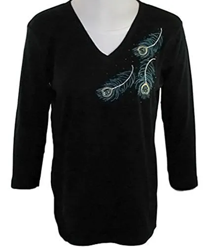 Morning Sun - Peacock Plumes, 3/4 Sleeve, V-Neck Rhinestone Top