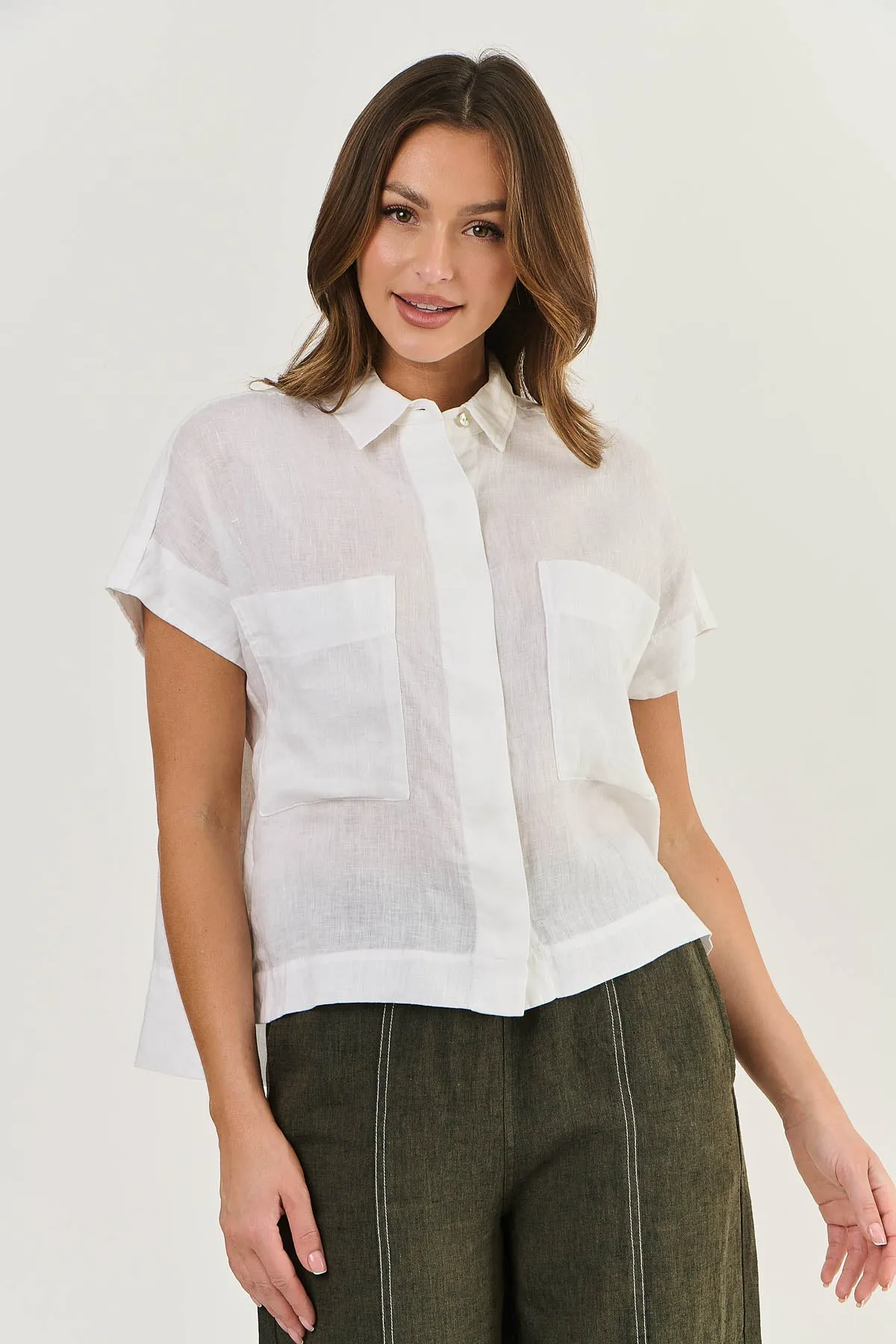 Naturals by O & J Short Sleeve Linen Shirt - White (GA533)