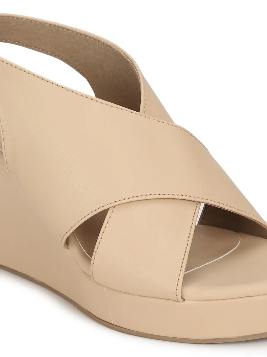 Nude PU Wedges With Crossover Straps