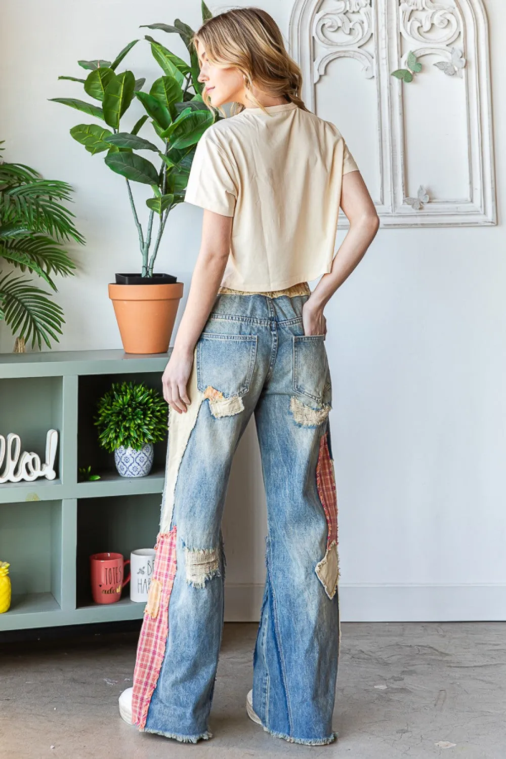 Patch Detail Wide Straight Denim Pants  #212