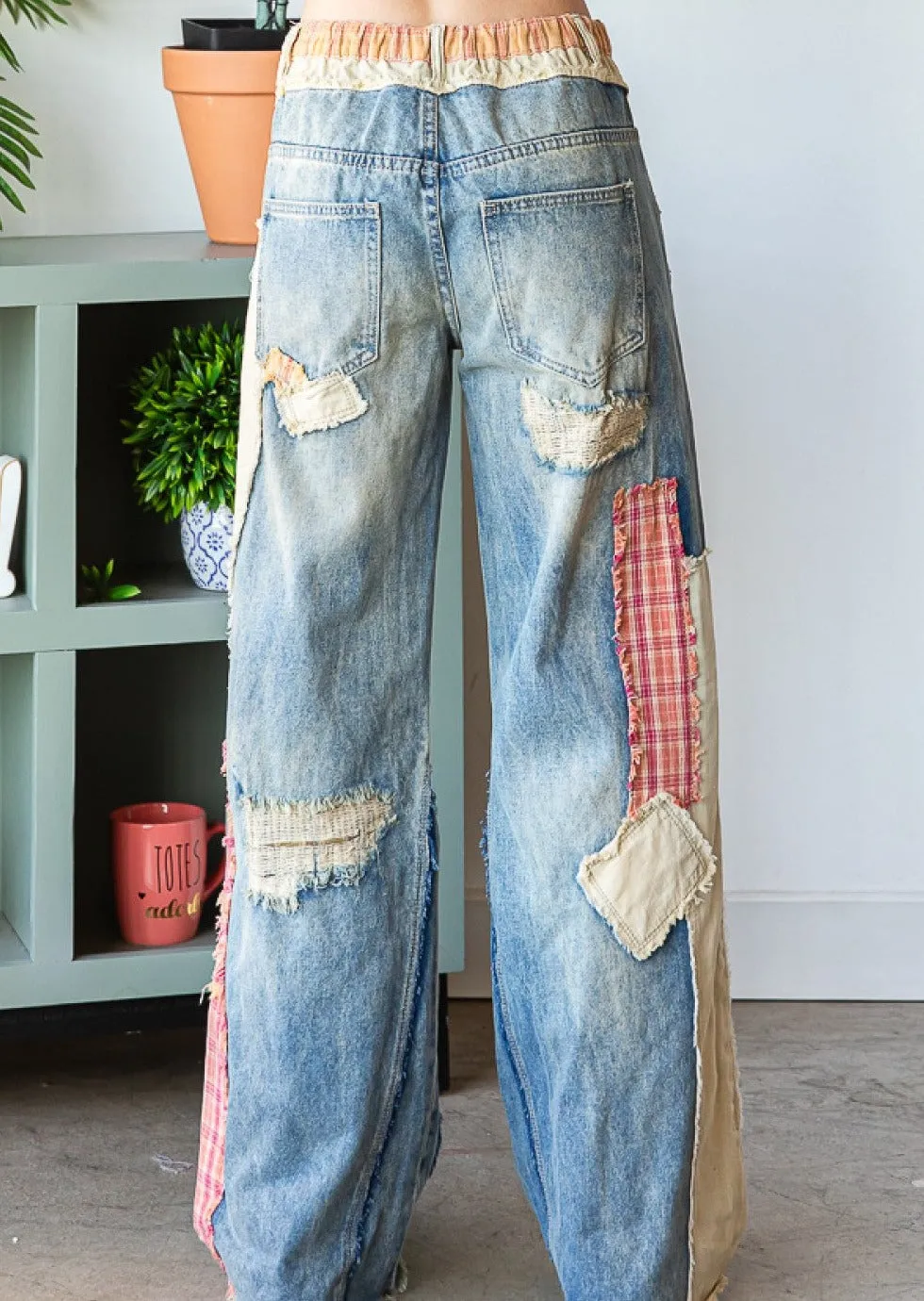 Patch Detail Wide Straight Denim Pants  #212