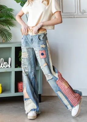 Patch Detail Wide Straight Denim Pants  #212