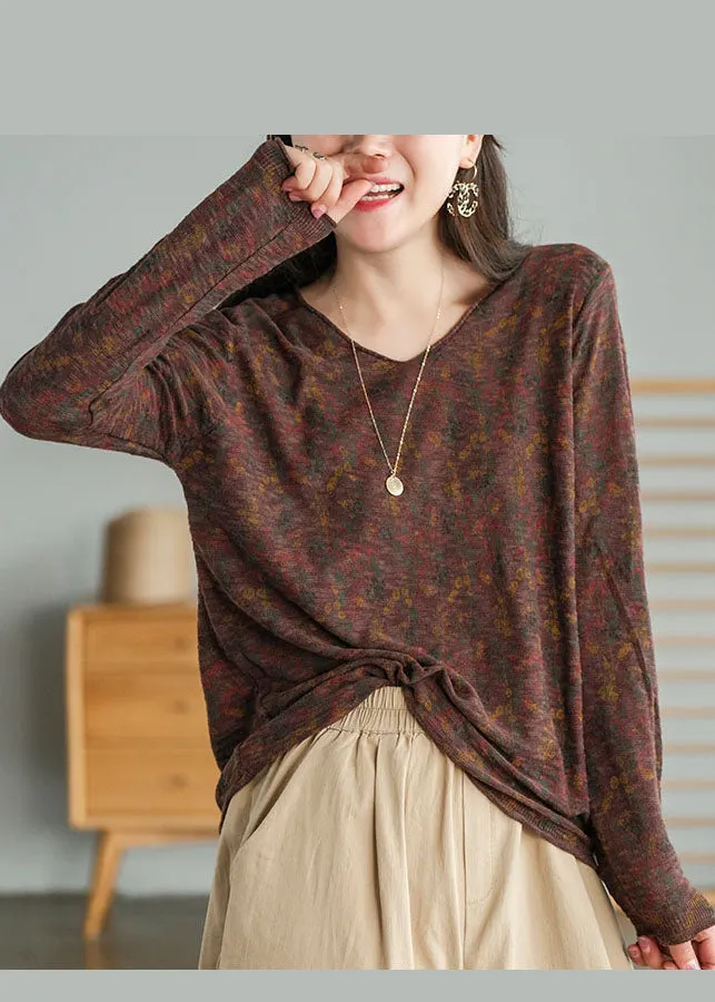 Plus size Chocolate V Neck print Tops Spring