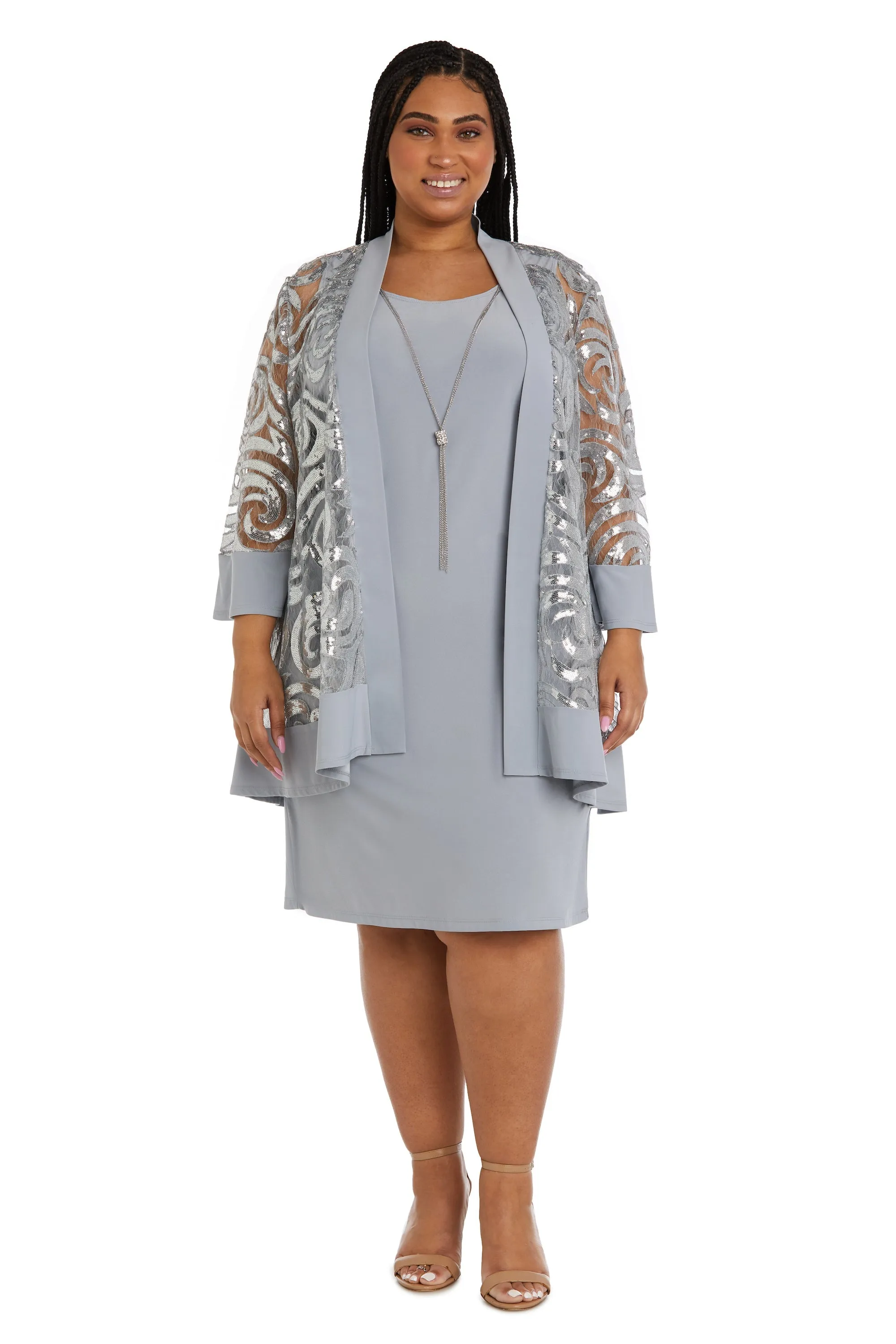 Plus Size Sparkling Sequin Two-Piece Jacket Dress & Necklace