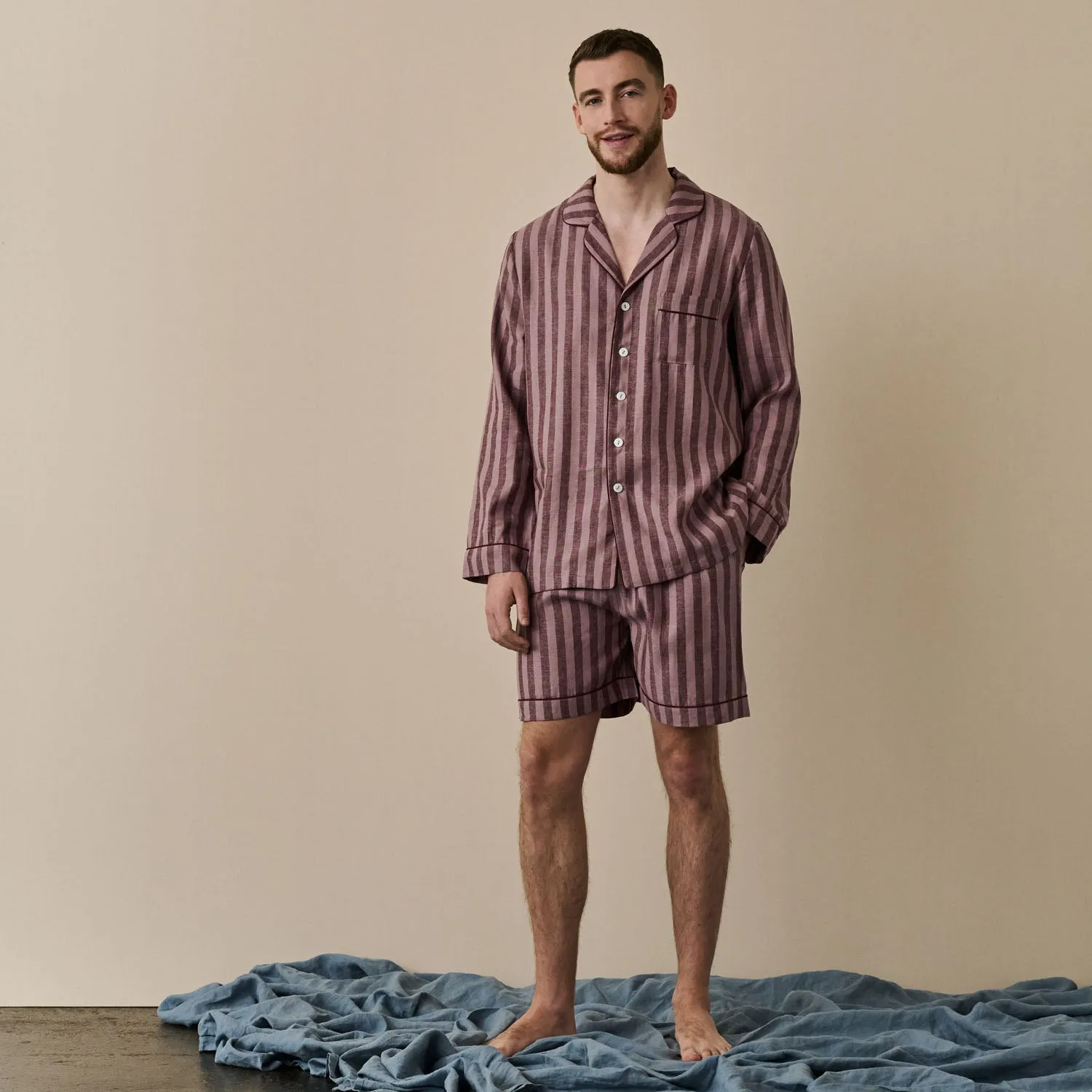 Port & Woodrose Striped Linen Men's PJ Short Set