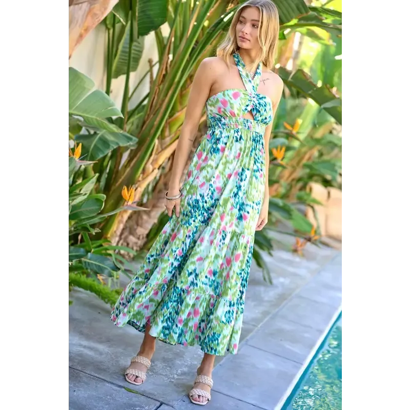 PRINTED SMOCKED RUFFLE MAXI DRESS