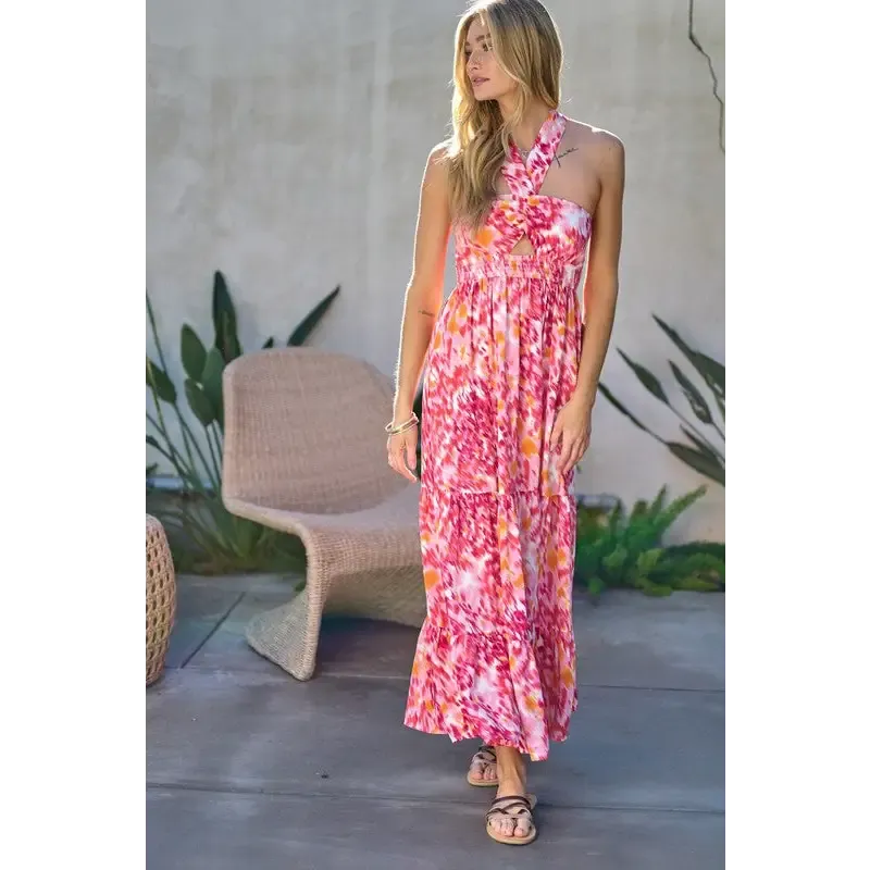 PRINTED SMOCKED RUFFLE MAXI DRESS