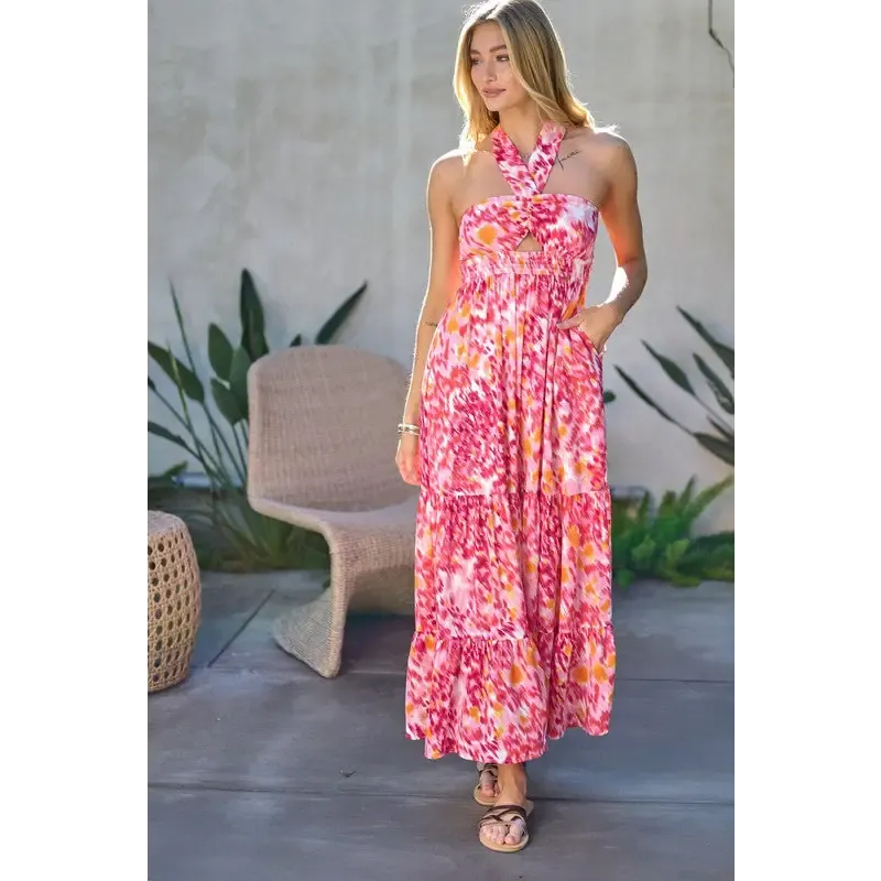 PRINTED SMOCKED RUFFLE MAXI DRESS