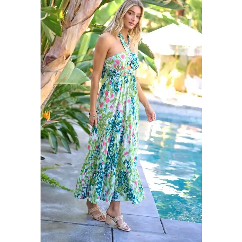 PRINTED SMOCKED RUFFLE MAXI DRESS