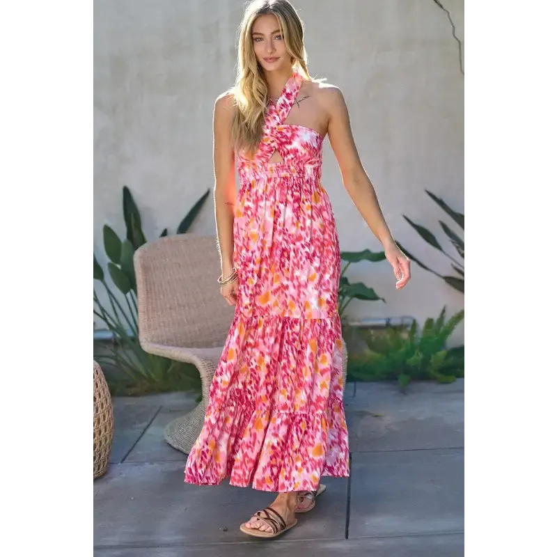 PRINTED SMOCKED RUFFLE MAXI DRESS